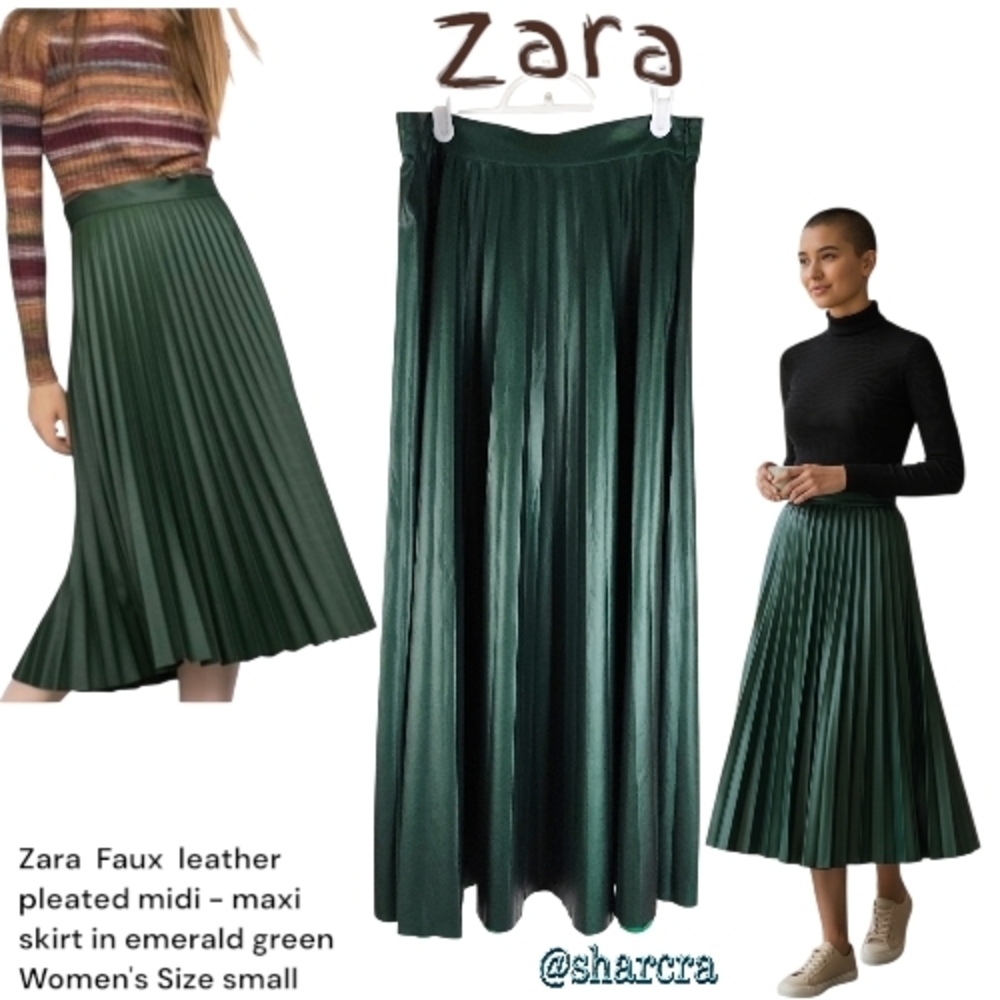 Zara Emerald Green Faux Leather Pleated Midi - Maxi Raw Hem Skirt Women's Small